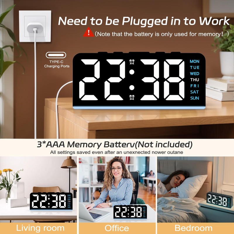 Necomi 【Upgrade】 6.8'' Digital Alarm Clock, LED Alarm Clock with