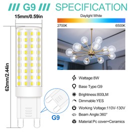 ZHENMING Dimmable G9 LED Bulb 60W 75W 80W Halogen Equivalent, T4 G9 Bi Pin Base Light Bulbs 8W 800LM 6000K Daylight White LED Light Bulbs for Chandelier Pendant Ceiling Fan Ligting, 5Pack