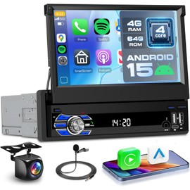4G+64G Single Din Flip Out Touch Screen Car Radio with Wireless Carplay & Android Auto,7 Inch Radio with GPS, Bluetooth 5.0, FM/RDS Radio, Reverse Camera, AUX & Dual USB Ports