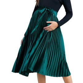 FUNJULY Maternity Skirts Velvet High Elastic Waisted A Line Pleated Ruffle Casual Flowy Swing Holiday Skirt with Belt Dark Green M