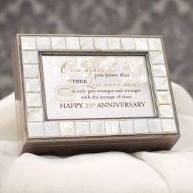 Cottage Garden True Love Happy 25h Anniversary Mother of Pearl Grey Pewter Music Box Plays Eagle's Wings