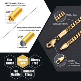 VEXXS Men's Gold Chain, 18K Real Gold Plated Miami Cuban Link Chain, Durable No Color Fading 3mm 4mm 6mm Men’s Necklace Chain Urban Fashion Street Wear (3mm-18K Gold, 24.00)