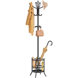 Tajsoon Coat Rack Stand with Umbrella Holder, Coat Tree Freestanding with 16 Hooks, Coat Hangers Stand for Living Room, Bedroom, Office, Black