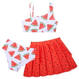 RAISEVERN Little Girls Bathing Suit 9-10 Years Old 3 Piece Swimsuit Adjustable Spaghetti Strap Watermelon Bikini Sets with Ruffle Cover Ups Beach Skirt Cute Quick Dry Tankini Summer Swimwear