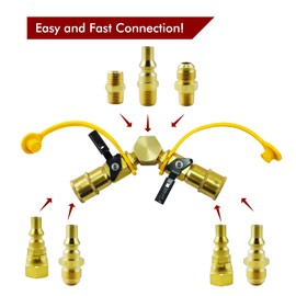 MCAMPAS 1/4" Propane Y Splitter Adapter Kit - 2-Way RV to Grill Quick Connect/Disconnect LP Gas Hose Fitting for Campers, Trailers & Outdoor Cooking Appliances