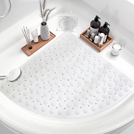 Wintfarm Corner Shower Mat Non Slip,65x65 Cm Large Bath Mat Non Slip Anti Mould,Curved Shower Mats for Inside Shower with Drain Hole Massage,Machine Washable Antibacterial (White)