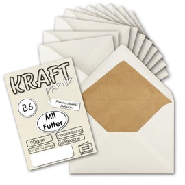 100x lined vintage envelopes DIN B6 125 x 176 mm natural white 90 g m² silk lining brown recycling wet glue pointed flap - UmWelt by GUSTAV NEUSER