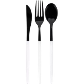 homeygear Plastic Two Tone Disposable Silverware Piece Heavy Duty Cutlery Set - Black/White