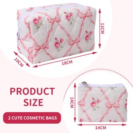 Hebterrka 2 Pieces Makeup Bag Cute Makeup Bag Padded with Bow Cotton Cosmetic Bag with Purse Storage Bag for Lipstick and Brush