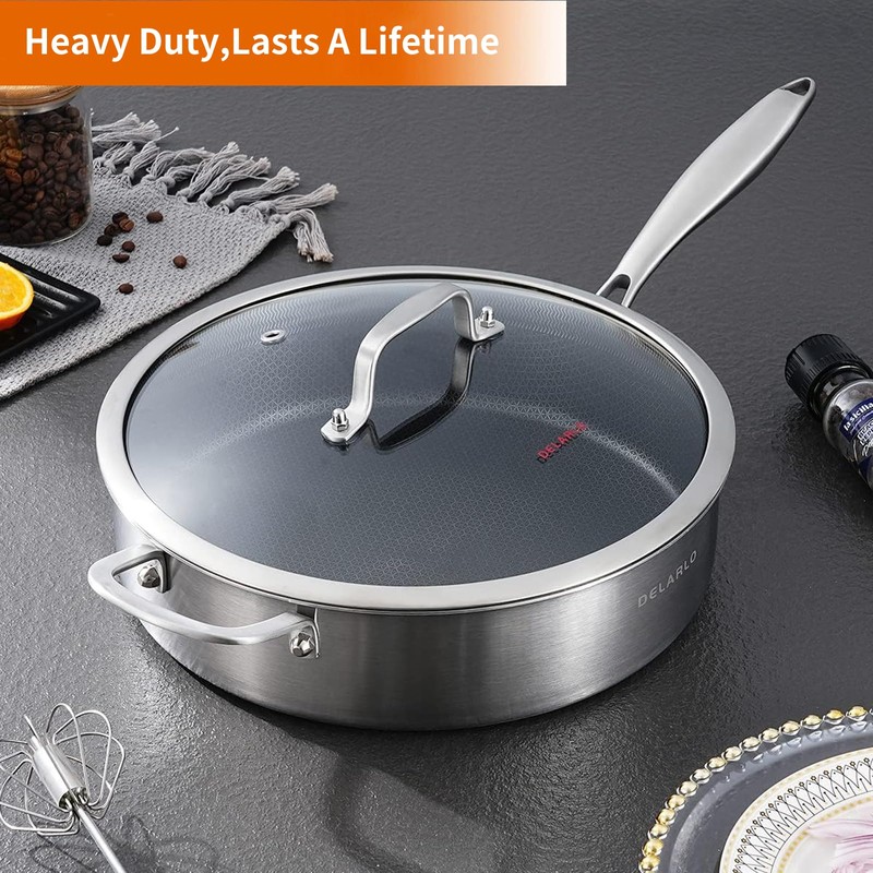 DELARLO Tri-Ply Stainless Steel 12 Inch Deep Frying Pan with