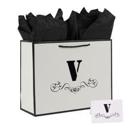ysmile Letter Gift Bag with Wrapping Tissue for Men Women Boy Girl, 12" Large White Black Paper Bag for Birthday Anniversary Baby Shower Wedding Party - Single V
