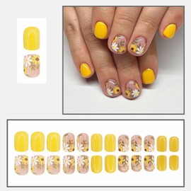 LBPEPAMZ 24Pcs Yellow Press on Nails Short Square Fake Nails with White Sunflower Designs Solid Color Full Cover Stick on Nails Colorful Flower Glossy Artificial False Nails Glue on Nails for Women