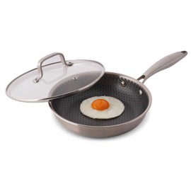 universal 9.4 inch/24 cm Tri-Ply Stainless Steel Pan + Glass Lid, Non-Stick Surface for Less Oil, Tri-ply Skillet for All Cooktops, Oven Safe