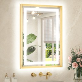 TETOTE 22 x 30 Bathroom LED Mirror Brushed Gold Metal Frame Frontlit & Backlit Vanity Mirror Anti-Fog Stepless Dimmable 3 Colors White/Warm/Natural Mirror with Lights Wall-Mounted