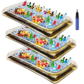 Glimin 3 Pcs Inflatable Serving Bar Salad Ice Tray Food Drink Candy Buffet Containers Picnic Pool Inflatable Cooler with a Drain Plug and a Hand Pump, 53 x 23.6 x 4.7 Inch(Black)