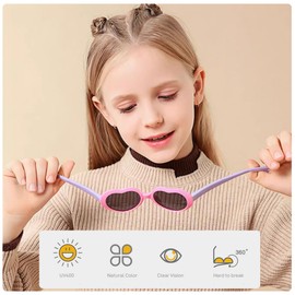 Kursan Kids Heart Shaped Polarized Sunglasses for Girls Boys, Flexible TPEE Rubber Frame Suitable for Children Age 3-8(Light Blue&Pink)