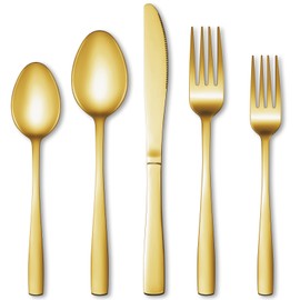 40 Pcs Gold Silverware Set, Stainless Steel Flatware Set for 8, Food-Grade Cutlery Set, Mirror Polished Tableware Eating Utensils Set for Home Kitchen, Include Knife Fork Spoon Set, Dishwasher Safe