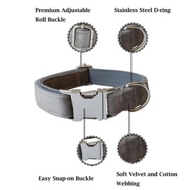 Soft Velvet Dog Collar and Leash Set with Heavy Duty Metal Buckle - Adjustable Durable Pet Collars with Dog Leashes for Small Medium Large Dogs - Comfortable & Easy to use, Neck 14.6-23.6 Inches