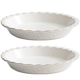 MIKIGEY Ceramic Pie Pans Set of 2, 9 Inches Pie Plate for Baking, Off-White