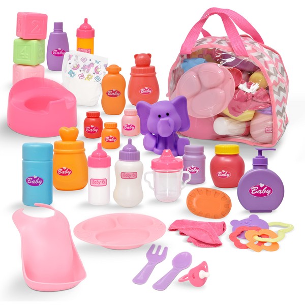 Baby Doll Accessories, Baby Doll Diaper Bag Set with Doll Toy Accessories Carry Along Case with Feeding and Caring Baby Accessories, Baby Bottles Diapers Bath Toys Pacifier for Dolls and More