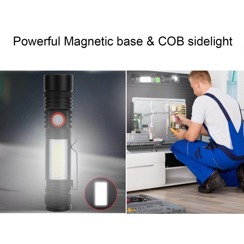 T6+COB Electric Torch Telescopic Zoom Powerful Flashlight Dual Light Sources