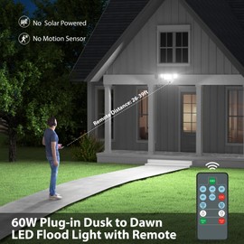 iMaihom 60W Dusk to Dawn Outdoor Lighting, 6000LM Brightness Adjustable Plug in Security Lights with Remote Control, 2 Modes 3 Heads IP65 Waterproof 6500K Led Flood Light with Photocell for Yard