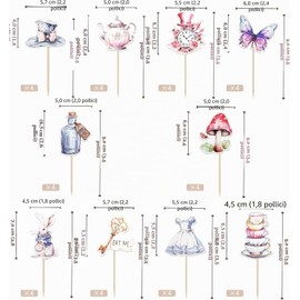 40 pezzi Alice nel Paese delle Meraviglie decorazioni per torte, tè party, cupcake topper, farfalla, fiore, conchiglia, chiave, orologio, mangiami, decorazione per torte per baby shower, compleanno
