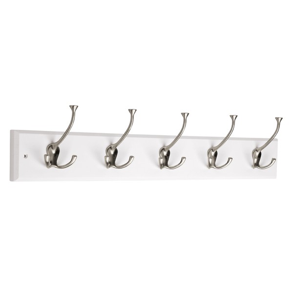 Liberty Hardware 129848 Wall Mounted Coat Rack with 5 Decorative Hooks, 27-Inch, Satin Nickel and White