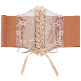 CABODYALS Brown Faux Leather Cinch Corset Lace Waist Belt Vintage Boho Bow Tie Wrap Elastic Lace Up Wide Around Obi Trendy Waistband Belts Bulk for Women Dresses Clothing Costume Accessories