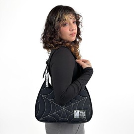 Recycled Nylon Spiderweb Puff Shoulder Bag By Wicked Misfit:_Black with white spiderweb stitching Shoulder Bag