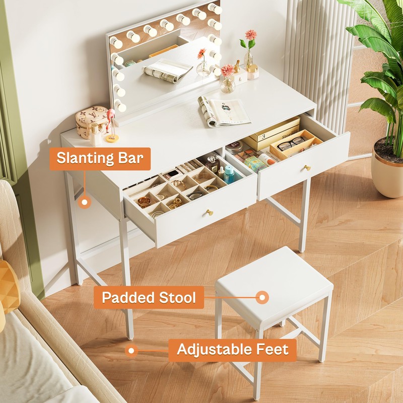 SUPERJARE 31.5" White Desk with 2 Drawers, Modern Makeup Vanity