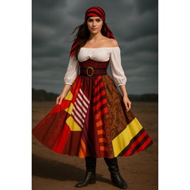 IKALI - Disfraz de pirata para mujer, vestido renacentista, con cinturón de corsé, pañuelo para la cabeza pirata, Multi colorido, L