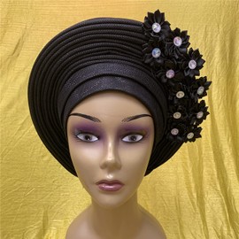 African Headties Nigerian Auto Gele Headtie Already Made with Stones Turban Caps for Women Head Wraps Headbands (Black)
