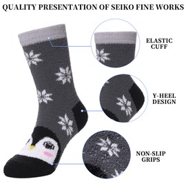 SDBING Kids Fuzzy Socks, Toddlers Non Slip Socks Boys Girls Cute Cozy Winter Warm Crew Socks with Grips 6 Pairs (8-12 Years, Cute Animal)