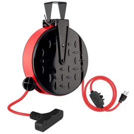 EP 30 Ft Retractable Extension Cord Reel, 16/3 SJTW Power Cord with 3 Electrical Outlets, Ceiling or Wall Mount, 10 Amp Circuit Breaker, Metal Plate, UL Listed, Red