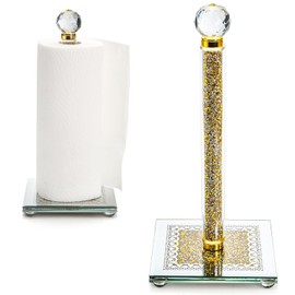 Suwimut Paper Towel Holder, Gold Paper Towel Roll Dispenser Stand Weighted Base Non Slip Filled with Sparkly Crystal Crushed Diamond House Decor for Home Kitchen Countertop Tabletop