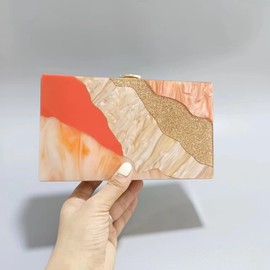 Anopo Women's Acrylic Clutch Purse Colourful Geometric Marbling Evening Bag Handbag Box Bag with Removable Chain, B Gold