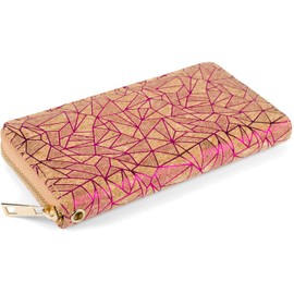 styleBREAKER 02040148 Women's Cork Purse with Geometric Metallic Prism Pattern Zip Wallet, Pink, Modern