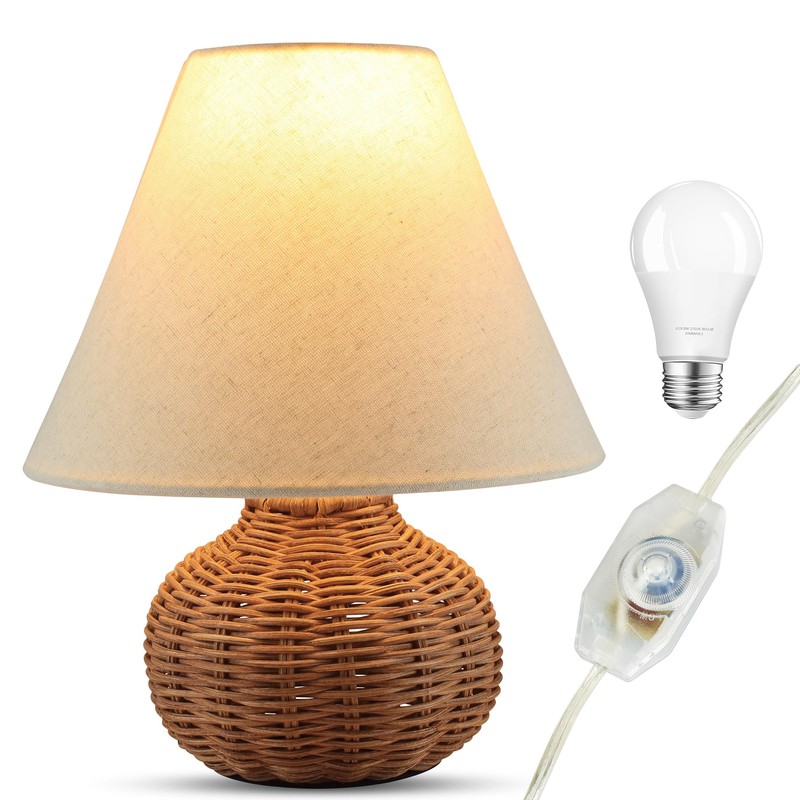 11" Small Wicker Table Lamp, Dimmable Rattan Bamboo Lamp with