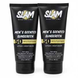 SLAM MysteryMan Men's Sunscreen Lotion SPF 50 & Moisturizer – Face & Body Sunblock, Anti-Aging, Water-Resistant, Hawaii Act 104 Safe, Daily Sport Skincare for Men, Scented – 3 fl oz. Double pack.