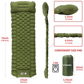 TurnWay Waterproof Lightweight Camping Sleeping Pad Foot Press Inflatable Pad Air Mattress with Pillow for Backpacking, Hiking, Camping, Traveling (Green)