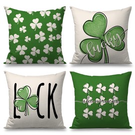OPULANE St Patricks Day Pillow Covers 18x18 Set of 4 Lucky Shamrocks Clovers Green Decorative Throw Pillowcases Spring Holiday Decorations for Sofa Couch Farmhouse Home Decor