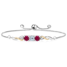 Two-Tone Gemstone Birthstone and Created ruby and Accent Lab Grown Diamond Infinity Tennis Bracelet For Women In 925 Silver and 10K Yellow Gold | Round 5MM and 1.3MM | Fully Adjustable Up to 9 Inch
