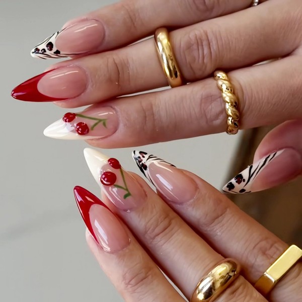 MERVF Almond Press on Nails Medium Fake Nails Red White