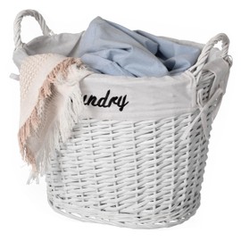 Wickerwise Handwoven Laundry Basket with Liner & Handles - Boho Decorative Storage Hamper for Clothes Blankets Pillows and Towels - Ideal for Laundry Room Bathroom Bedroom and Living Room, White