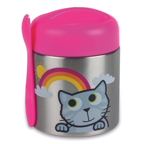 TUM TUM Kids Food Flask with Magnetic Spork & Easy Open Lid, Insulated Food Jar, 300ml, Bluebell The Cat
