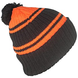 Best Winter Hats Quality Striped Beanie with Solid Cuff & Matching Pom - Black/Orange