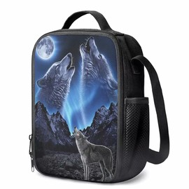 chaqlin Blue Galaxy Wolf Lunch Bags for Kids Children,School Lunch Box for Kids Boys & Girls with Large Bottle Holder, Reusable Adults Lunch Tote for Work Travel