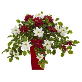 Nearly Natural 23in. Poinsettia and Variegated Holly Artificial Plant in Decorative Planter (Real Touch)