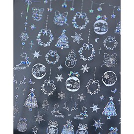 Unikato Nail Stickers Christmas Nail Stickers 5D Relief Nail Art Stickers Manicure Stickers DIY Gel Nail Snowflake Christmas Tree Deer Snowman Christmas Ball Hot Silver Stamping (Aurora Silver)